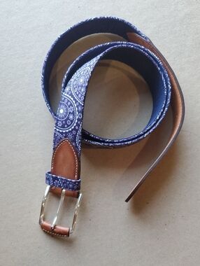 Bullock & Jones Purple  Paisley Fabric Belt with Brown Leather Accents 42